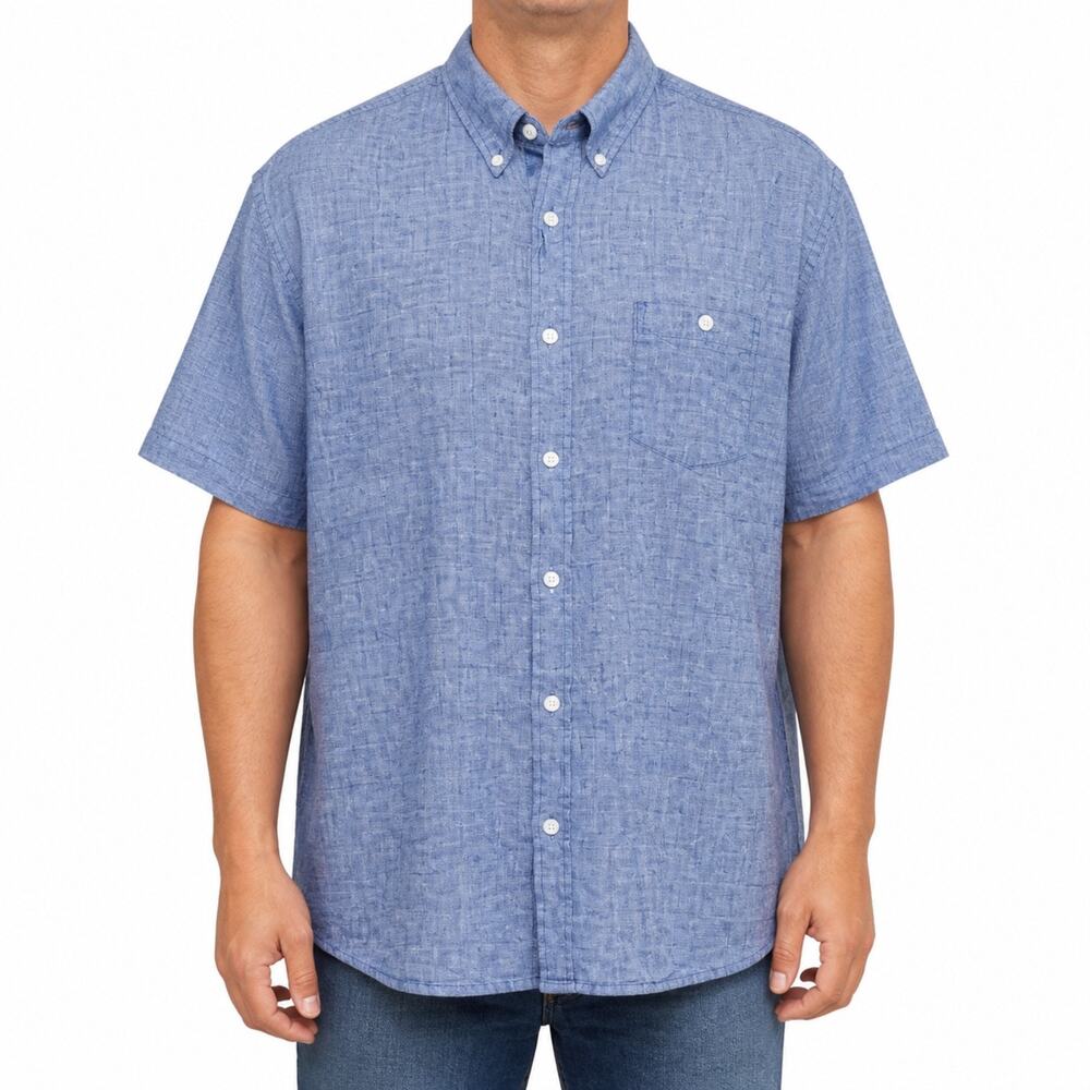 Weatherproof Vintage Shirt Mens 2XL Blue Short Sleeve Linen Button Up Pocket
